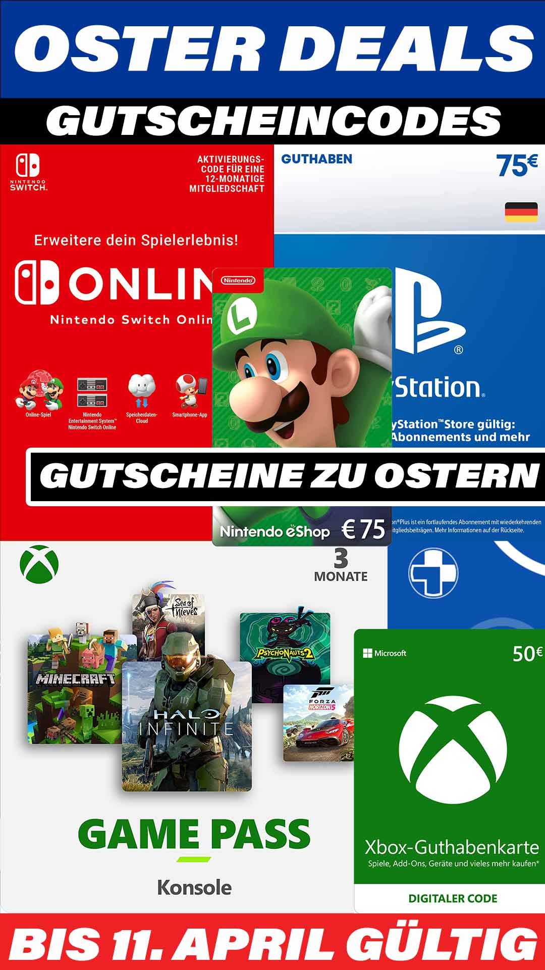 Oster Deals ( PSN 75 €, XBOX 50 € & XBOX Gamepass Ultimate 3 Monate & Nintendo Gutscheincodes #ps5