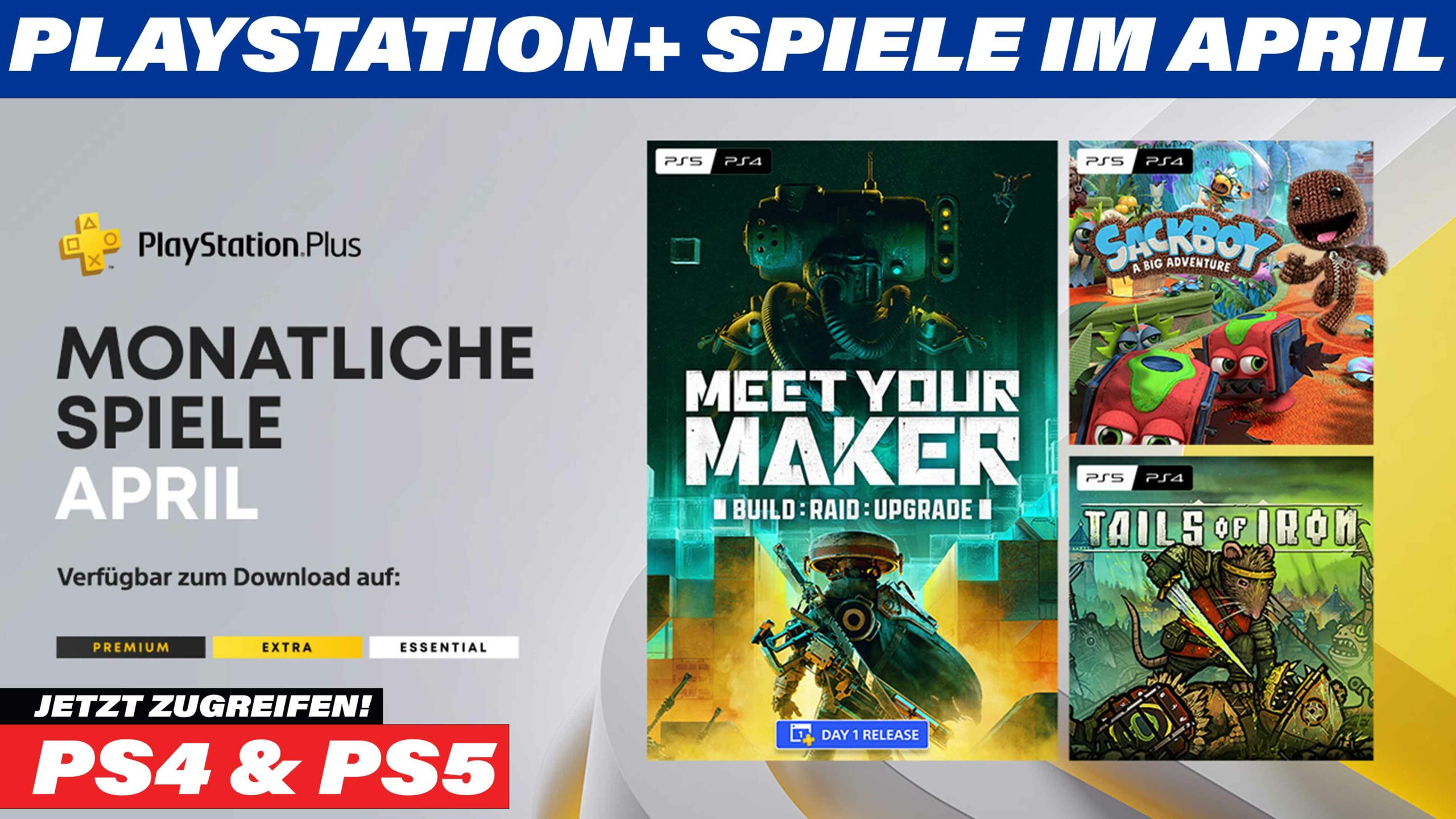 Monatliche PlayStation Plus Games im April (Sackboy, Meet Your Maker & Tails of Iron)